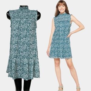 AVLN Studio NEW Floral Mini Dress Teal White Sleeveless Smocked High-Neck Modest